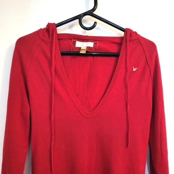 AMERICAN EAGLE V-Neck Pullover Red Angora Cotton Hooded Sweater Women M - Picture 2 of 7